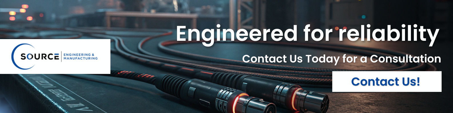 Banner featuring Source Engineering & Manufacturing logo on the left and the message “Engineered for reliability” in bold white text on the right. Below, smaller text reads “Contact Us Today for a Consultation” followed by a blue button labeled “Contact Us!” The background shows coiled industrial cables and connectors on a dark workshop table, illuminated by warm ambient lighting. 