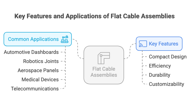 Diagram showing key features and common applications of flat cable assemblies, including automotive dashboards, robotics, aerospace, and telecommunications