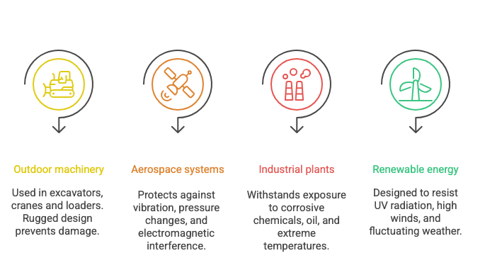 Four illustrated icons with text describing cable assembly applications: Outdoor machinery – used in excavators, cranes, and loaders with rugged design to prevent damage; Aerospace systems – protects against vibration, pressure changes, and electromagnetic interference; Industrial plants – withstands corrosive chemicals, oil, and extreme temperatures; Renewable energy – resists UV radiation, high winds, and fluctuating weather.
