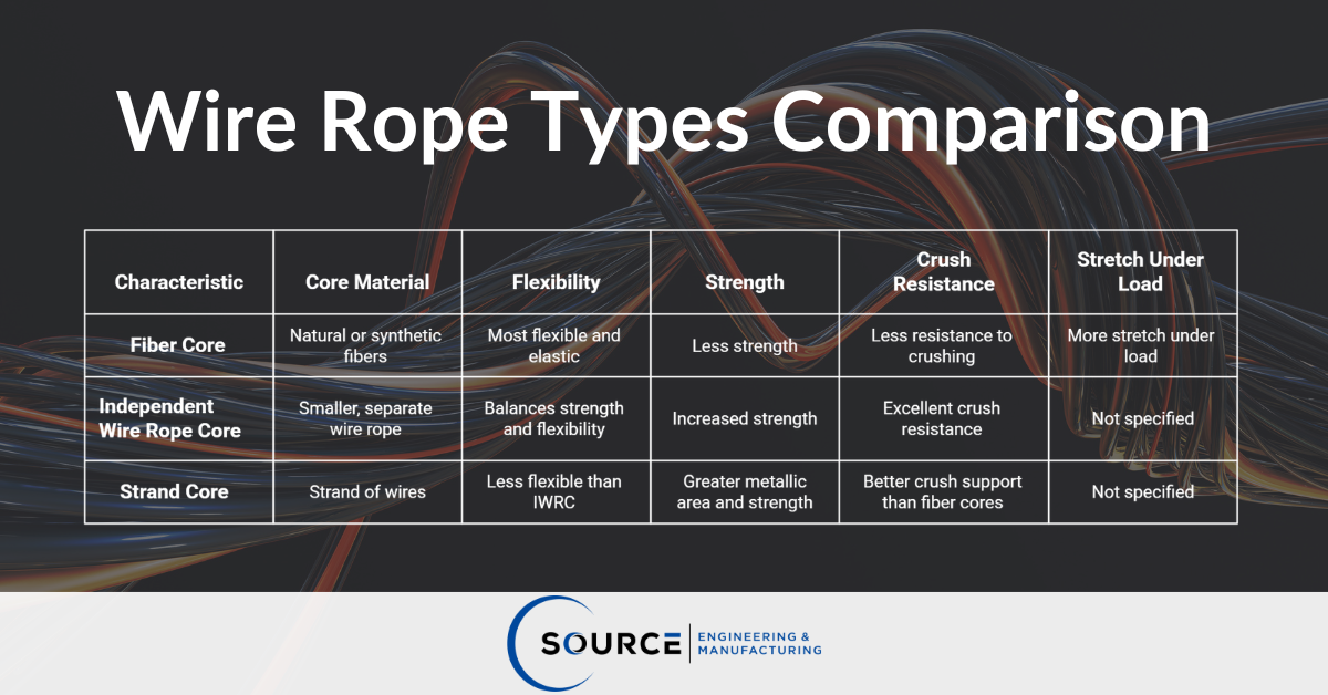Table graphic titled “Wire Rope Types Comparison” comparing Fiber Core, Independent Wire Rope Core, and Strand Core. Columns list characteristics including core material, flexibility, strength, crush resistance, and stretch under load. The Source Engineering & Manufacturing logo appears at the bottom, with multicolored wire strands in the background.