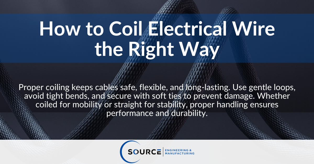Graphic titled “How to Coil Electrical Wire the Right Way” with background showing coiled cables. Text explains that proper coiling keeps cables safe, flexible, and long-lasting. It advises using gentle loops, avoiding tight bends, and securing with soft ties to prevent damage. The Source Engineering & Manufacturing logo appears at the bottom.