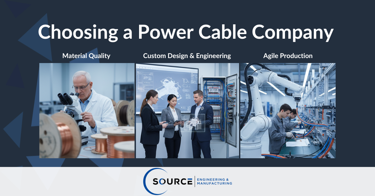 Banner titled ‘Choosing a Power Cable Company’ featuring three images representing key factors: a technician inspecting copper wire for material quality, a team of engineers discussing custom design and engineering in front of control panels, and technicians working with robotic arms in a factory symbolizing agile production. Source Engineering & Manufacturing logo displayed at the bottom.