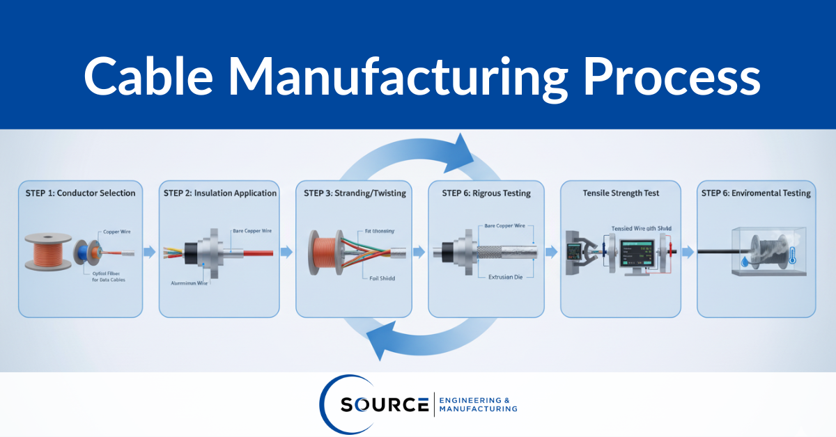 "Infographic titled ‘Cable Manufacturing Process’ showing six sequential steps: Step 1 – Conductor Selection (copper, aluminum, or optical fiber); Step 2 – Insulation Application; Step 3 – Stranding/Twisting with foil shielding; Step 4 – Rigorous Testing; Step 5 – Tensile Strength Test; and Step 6 – Environmental Testing for durability and resistance. Source Engineering & Manufacturing logo appears at the bottom.